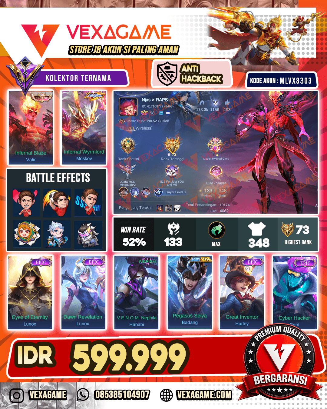 Valir Legend | Moskov Allstar | Gusion Kof | Miya Atomic | Ling Tides | 7 Zodiac