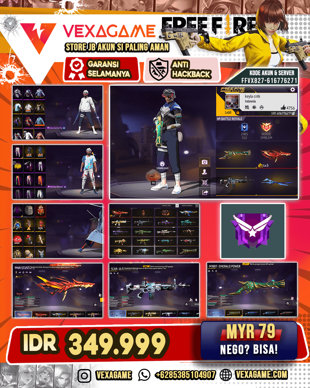 SG Terompet | MP40 Royal Flush | M4A1 Infernal Draco Lv 5 | SCAR Ultimate Titan | Backpack Sayap | Vault 500+