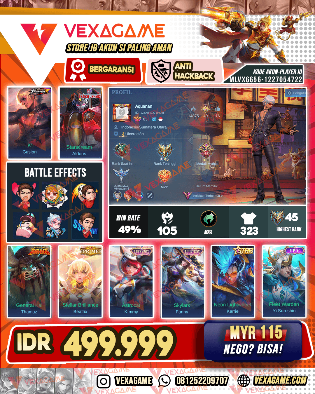 Gusion KOF | Aldous Transformer | Thamuz Kungfu Panda | Beatrix Prime | Fanny Luckybox | Kimmy Luckybox | Karrie STAR | Melissa SPARKLE | Recal Tas Tas Biru | Emblem MAX