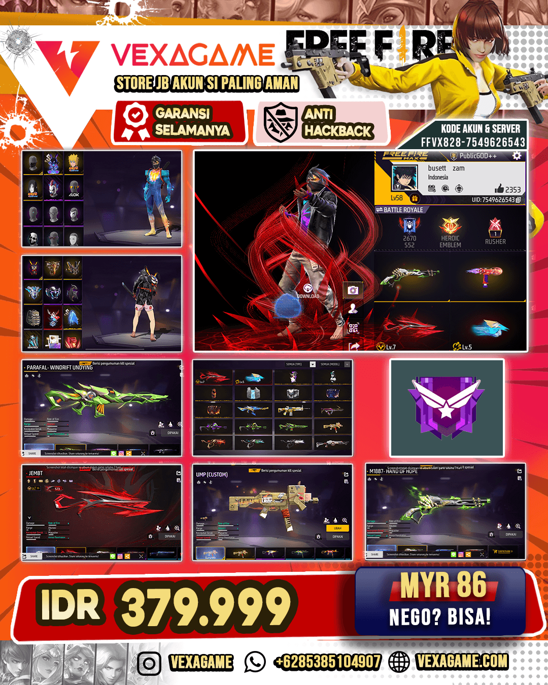 SG Lumut | SG Scorpio Shatter Lv MAX | UMP Grizzly | Parafal Windrift Undying | XM8 Poison Pumpkin | Vault 150+