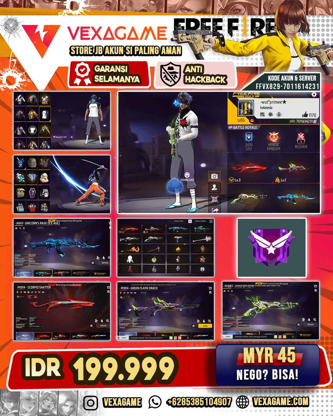 SG Lumut | SG Green Flame Draco Lv 1 | SG Scorpio Shatter Lv 3 | Backpack Bunny | Celana Penjara | Vault 100