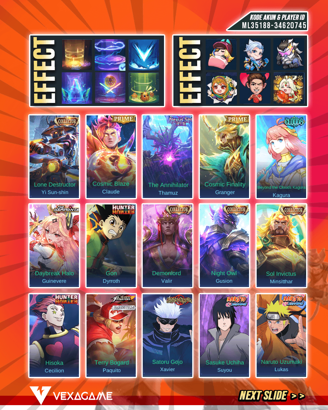 4 Legend | 3 Aspirants | 2 KOF | 2 HxH | 2 Naruto | Xavier JJK | Thamuz 11.11 | 16 Luckybox | 5 Collector | Emblem MAX & Hero MAX |