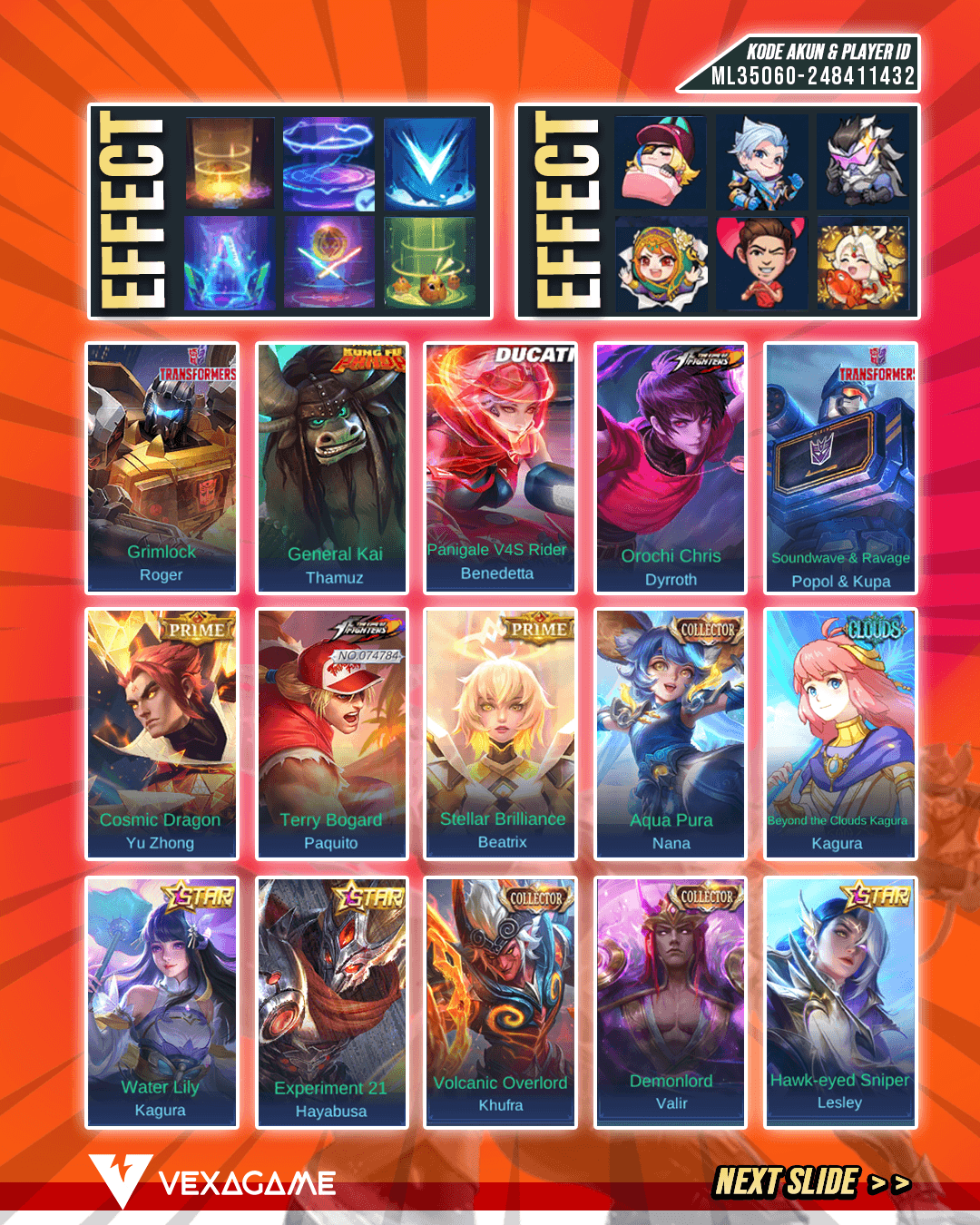 Legend 6 | 5 Aspirants | 5 KOF | 3 Sanrio | 5 Transformers | Benedetta Ducati | Hayabsua 11.11 | Nana Mistbenders | Moskov All Stars | Hanabi All Star | 21 Luckybox | 3 Collector | Kagura Clouds | Emblem MAX & Hero MAX | Recall Tas Tas