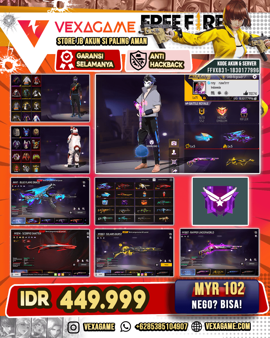 AK47 Blue Flame Draco Lv 5 | SG Solaris Burst | SG Reaper | SG Scorpio Shatter Lv4 | UMP Grizzly Papercut | XM8 Toxic Pumpkin |SCAR Megalodon Alpha Lv 3 | UMP Platinum Divinity Lv 3 | Drachen Fist Lv 5 | Vault 450+