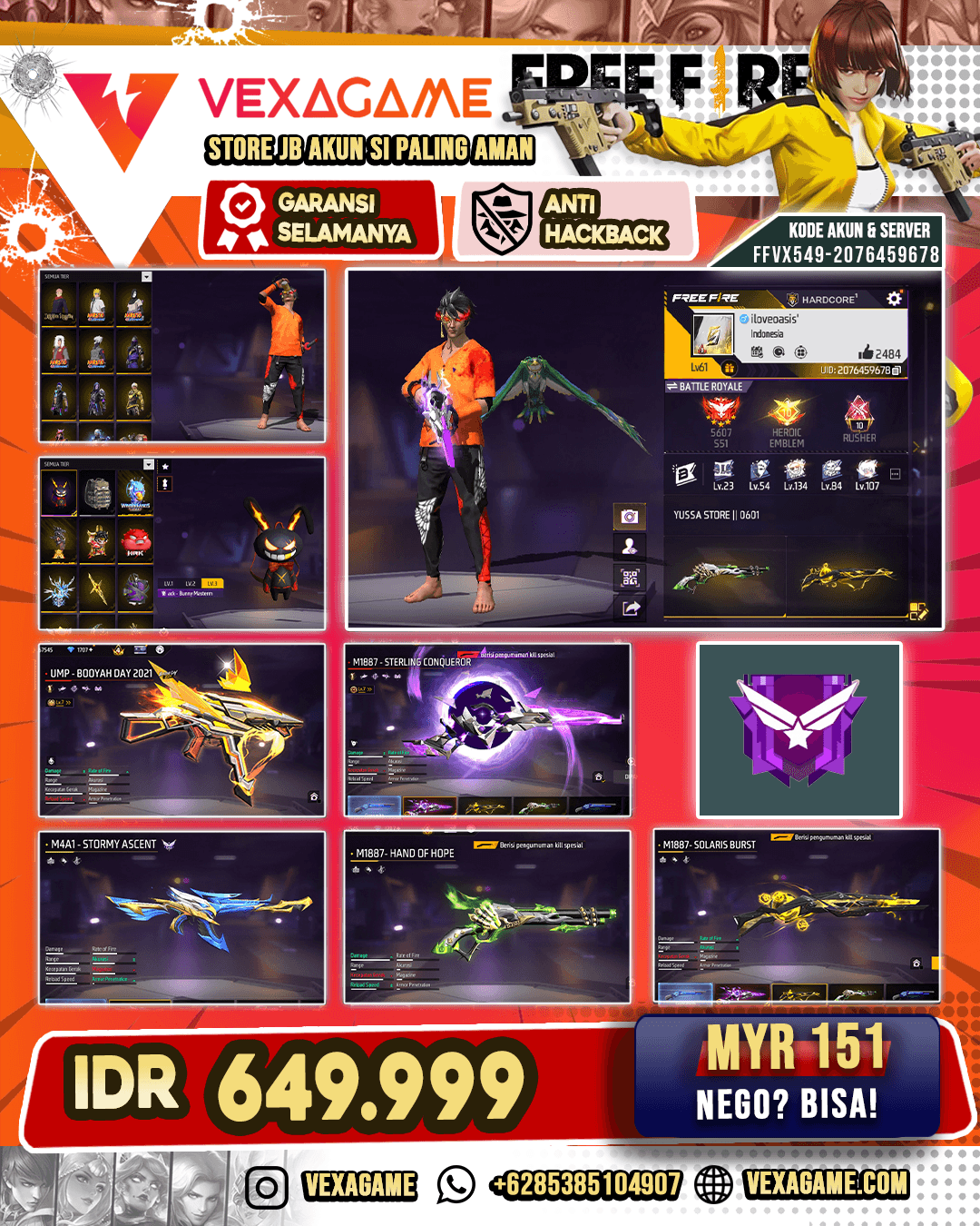 SG Lumut | SG Solaris Burst | SG Sterling Conqueror Lv MAX | UMP Booyah Day Lv MAX | AN94 Evil Howler Lv 4 | Baju Penjara | Arctic Blue Head | Vault 200+