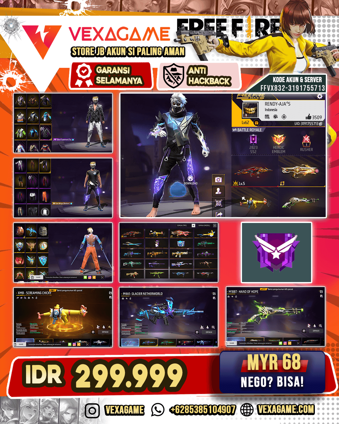 Thompson Cindered Colossus Lv 5 | SG Terompet | SG Lumut | MP40 2 Rasa | XM8 Screaming Chicky | M4A1 Glacier Netherworld | SCAR Paradise | Celana Penjara | Celana Angel | Vault 300+