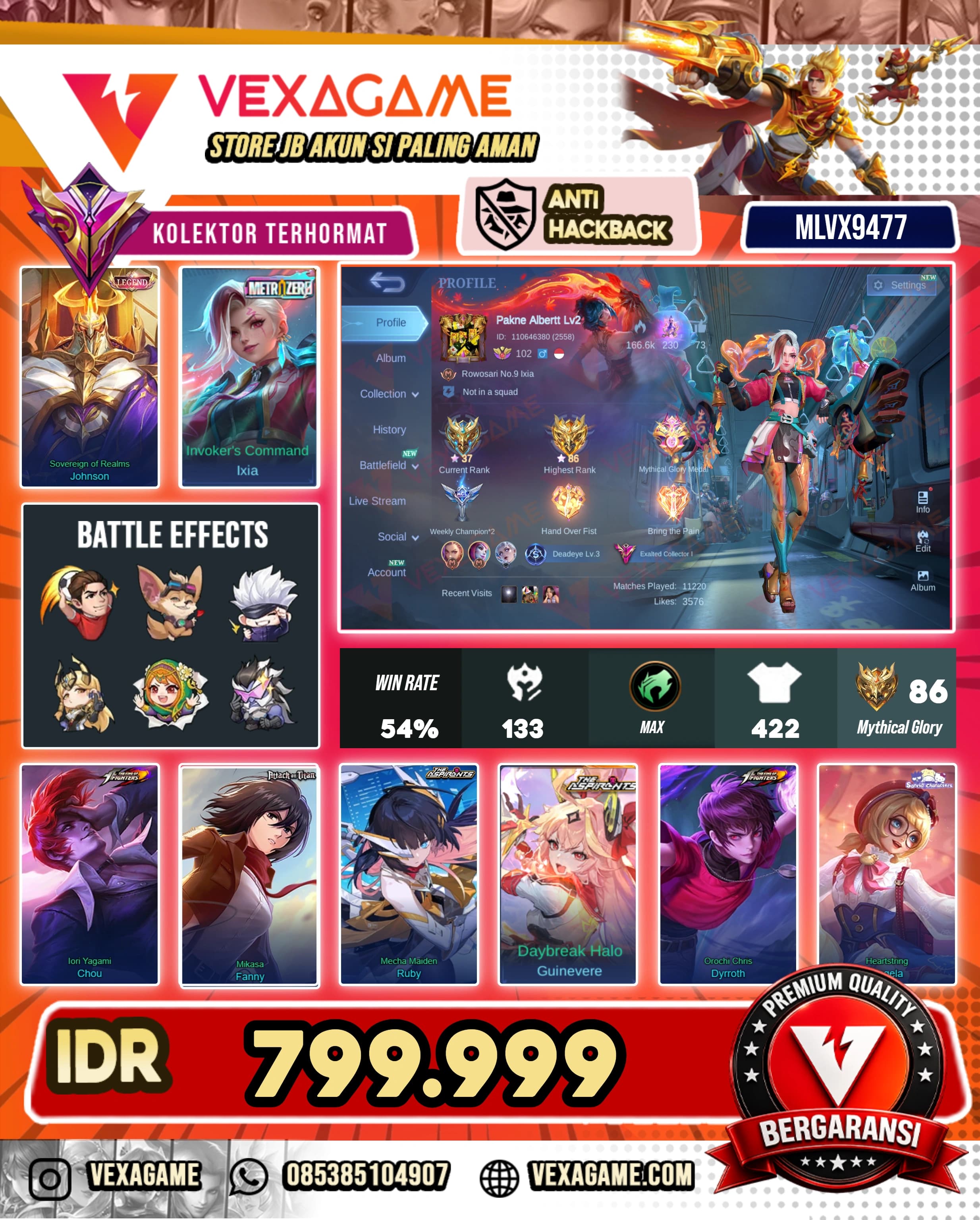 Ixia Metro Zero | Johnson Legend | Fanny Mikasa | Chou KOF | Ruby Aspirants | Angela Sanrio | Guinevere Aspirants | Dyrroth KOF | 8 Luckybox