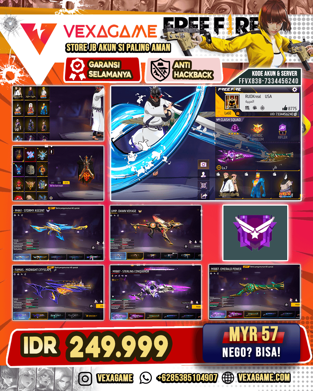 Backpack Super Fusion | M4A1 Stormy Ascent | AK47 Unicorn's Rage | FAMAS Midnight Cityscape | UMP Down Voyage | SG Sterling Conqueror Lv MAX | SG Terompet