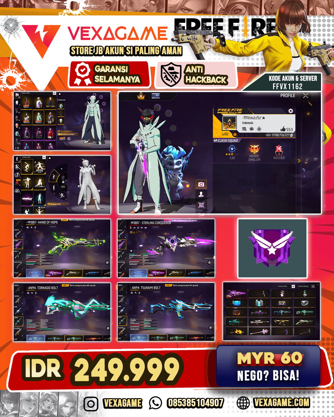 Bundle Madara | Bundle Obito | Backpack Sweetheart Flutter | SG Sterling Conqueror Lv OTW MAX | SG Lumut | AN94 Tsunami Bolt | AN94 Tornado Bolt