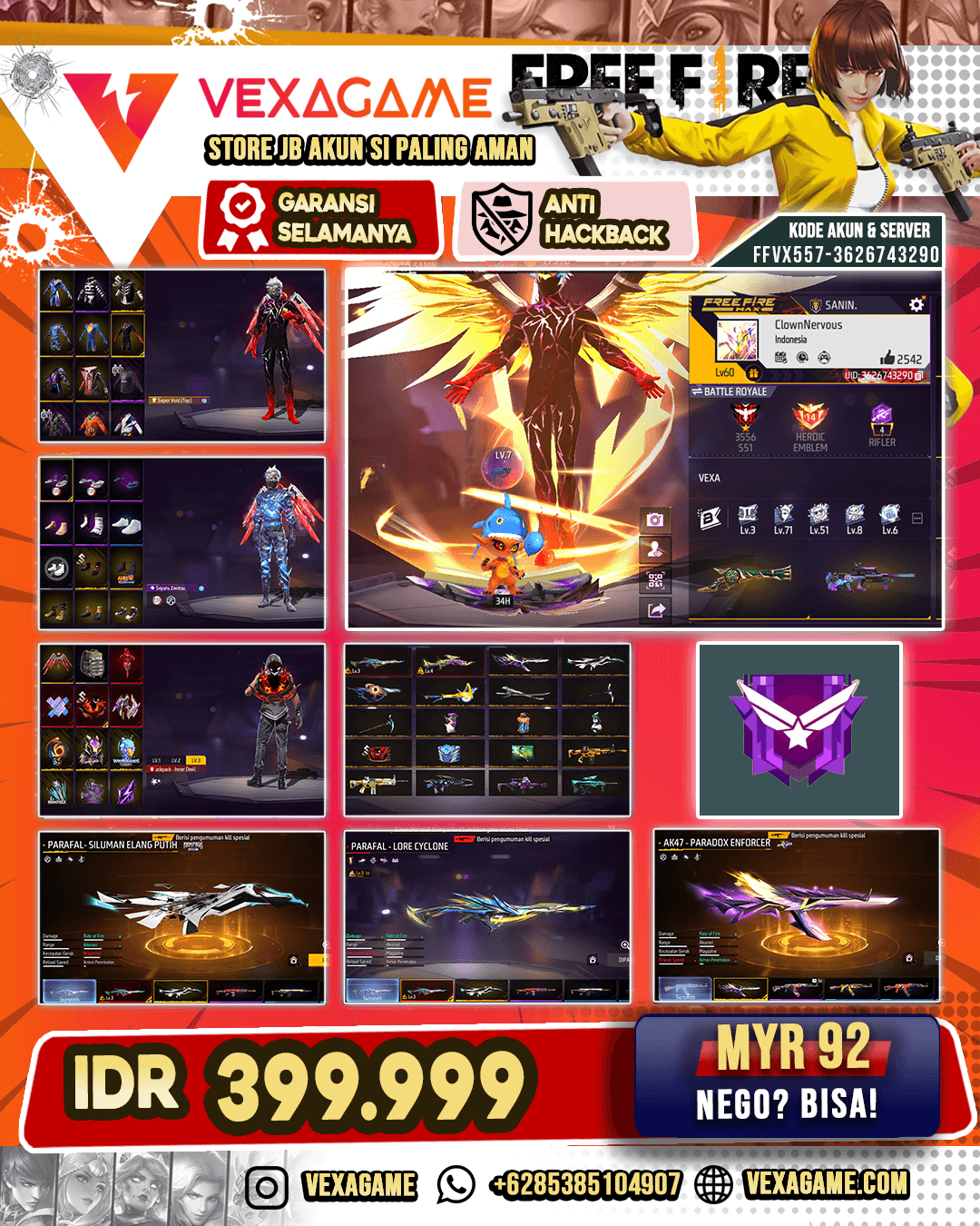 SG Green Flame Draco Lv 4 | Parafal Siluman Elang Putih | Parafal Lore Cyclone Lv 3 | AK47 Paradox Enforcer | Backpack Sayap | Vault 300+