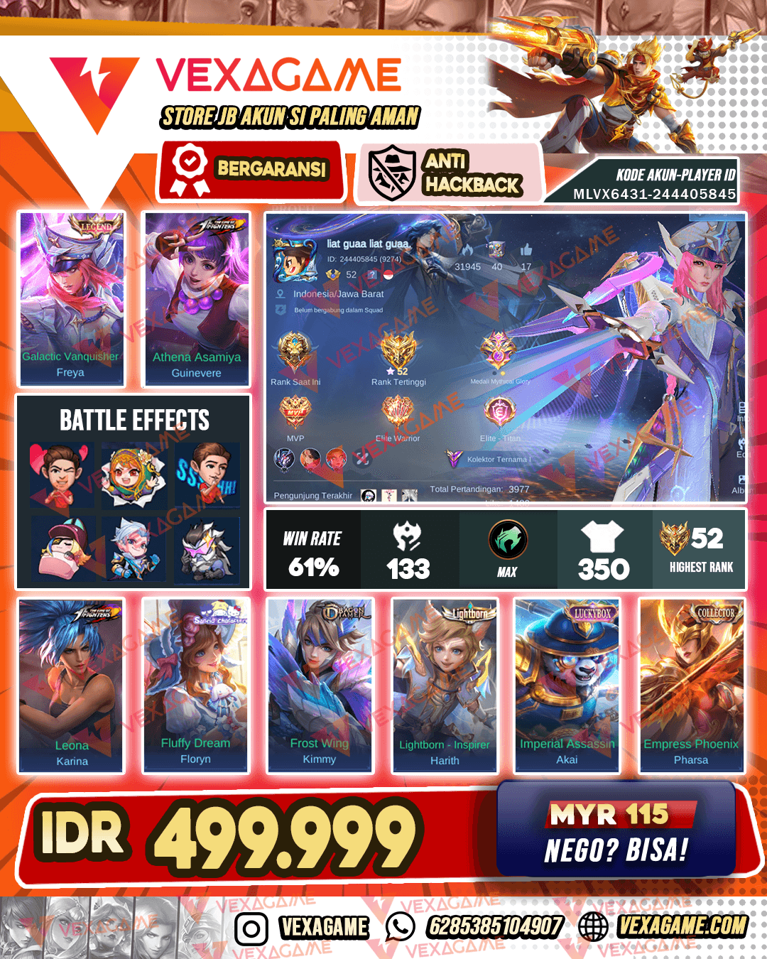 Freya Lagend | Guinevere KOF | Pharsa Collector | Floryn Sanrio | Akai Luckybox | 3 Zodiac | Lylia Covenant | Emblem & Hero MAX