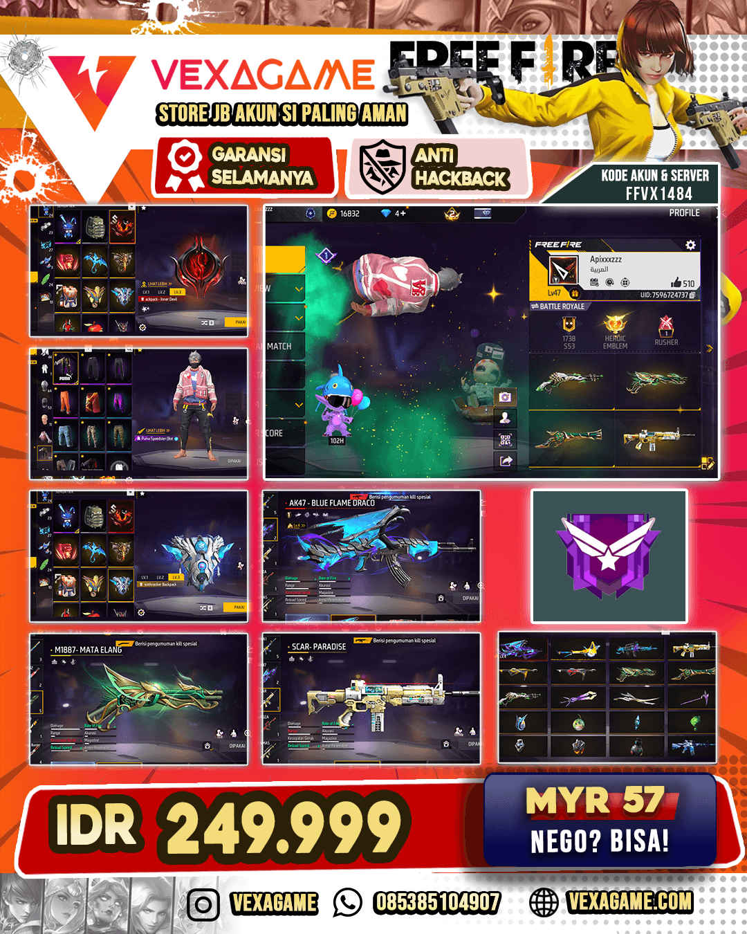 SG 3 RASA | EVO AK 47 BLUE FLAME DRACO LV 4 | M4A1 GLACIER NETHERWORLD | SCAR PARADISE | INNER DEVIL BACKPACK | MINOUS BUNNY BUNDLE | VAULT 80++