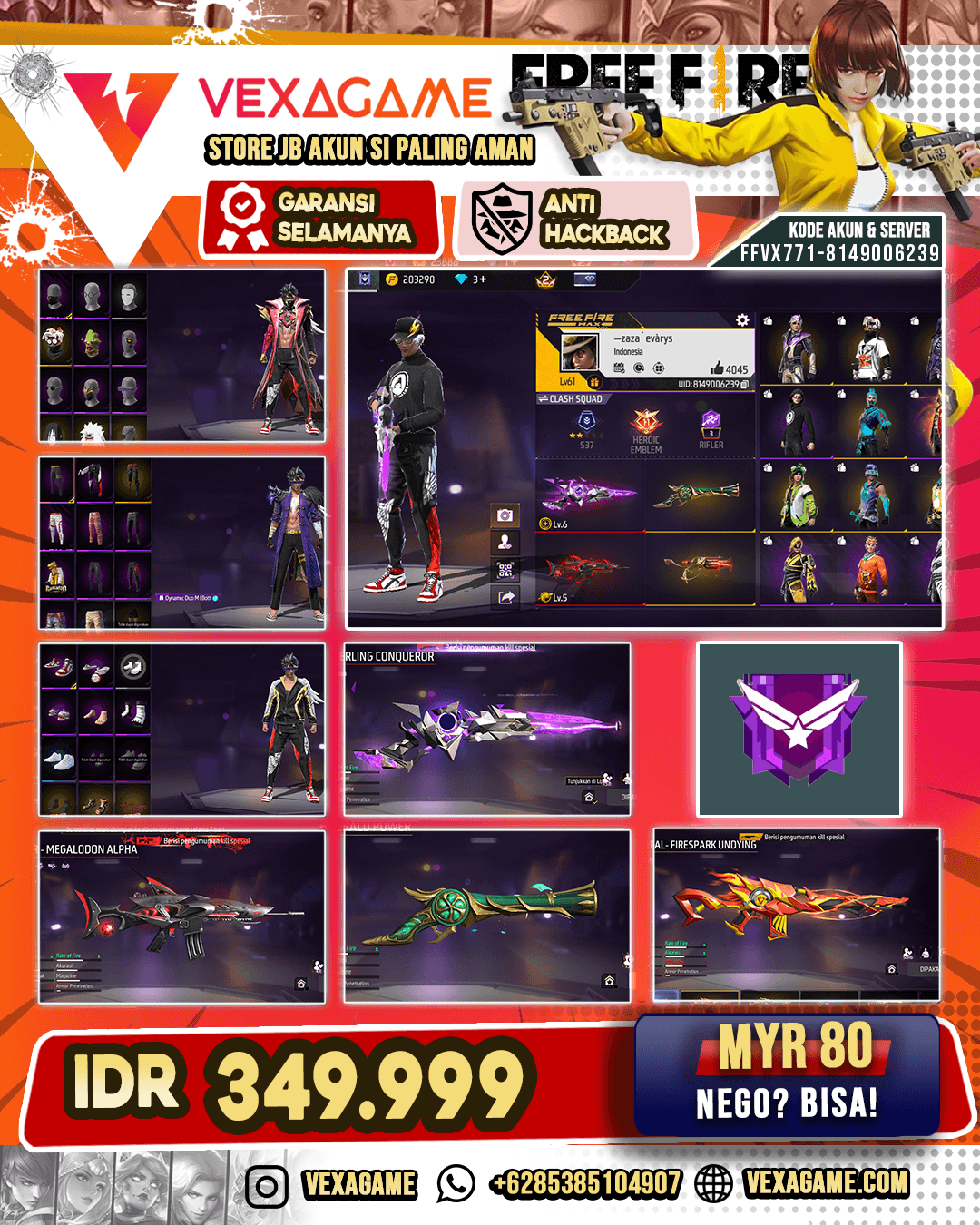 SG Terompet | SG Sterling Conqueror Lv 6 | Parafal Firespark Undying | SCAR Megalodon Alpha LV 5 | M4A1 Stormy Ascent | Backpack Sayap | Vault 200+