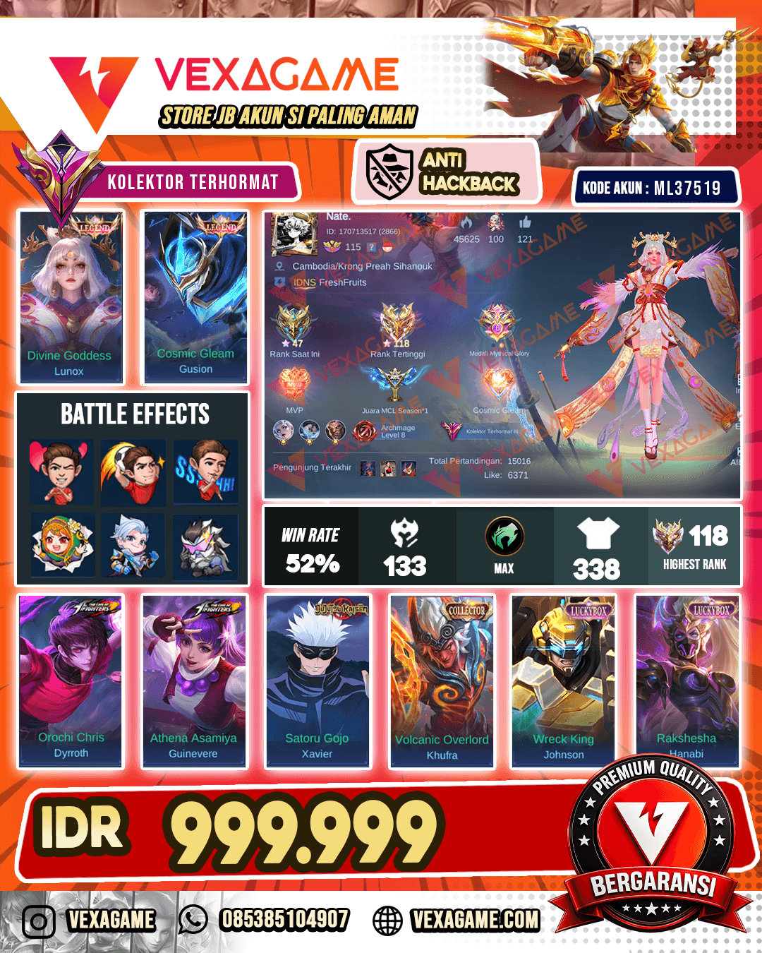 Lunox Legend X Gusion Legend | 3 KOF | Xavier JJK | Khufra Collector | 3 Luckybox | Recall Tas Tas Merah