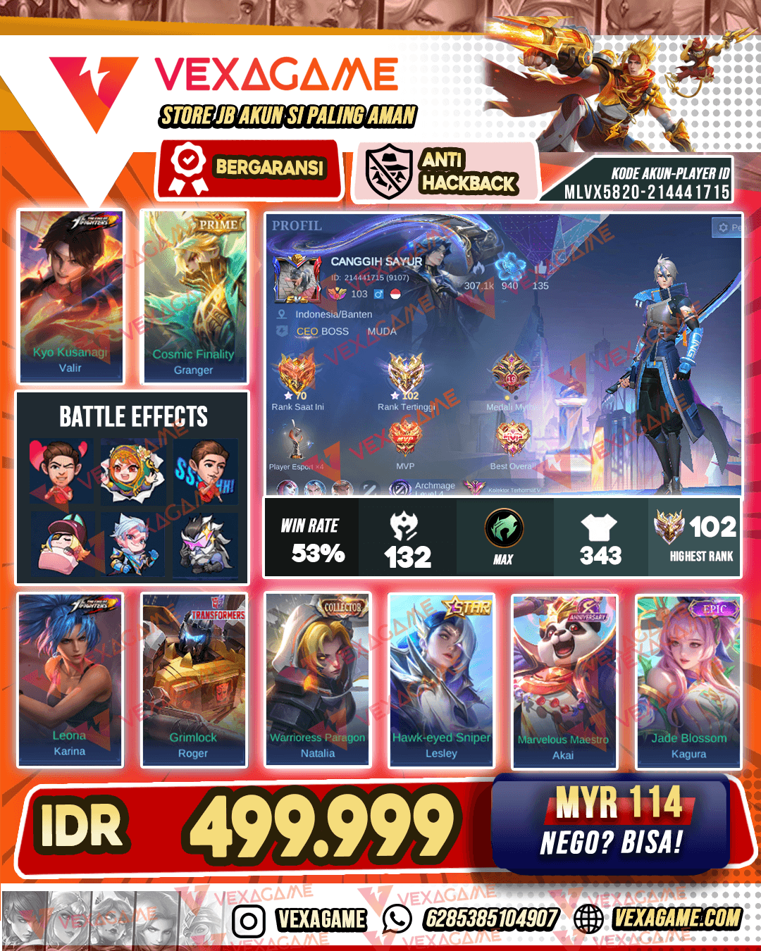 Valir KOF | Granger PRIME | Emblem MAX & Hero MAX | Ex Immortal | Recall Tast Tas Biru