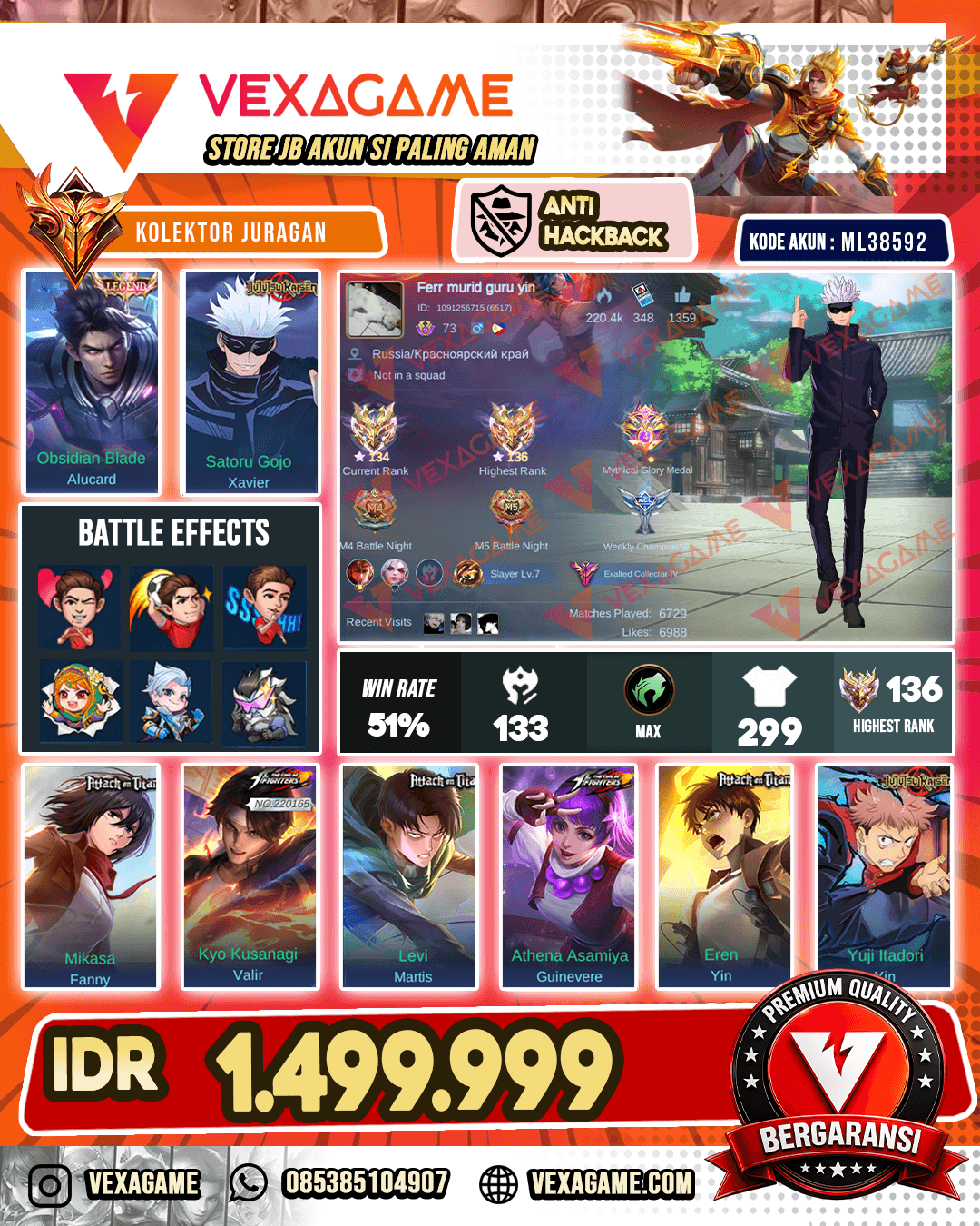 Xavier JJK | Alucard Legend | Fanny Mikasa | Valir KOF | Martis AoT | Guinevere KOF | Yin JJK | Yin AoT | Zilong Collector