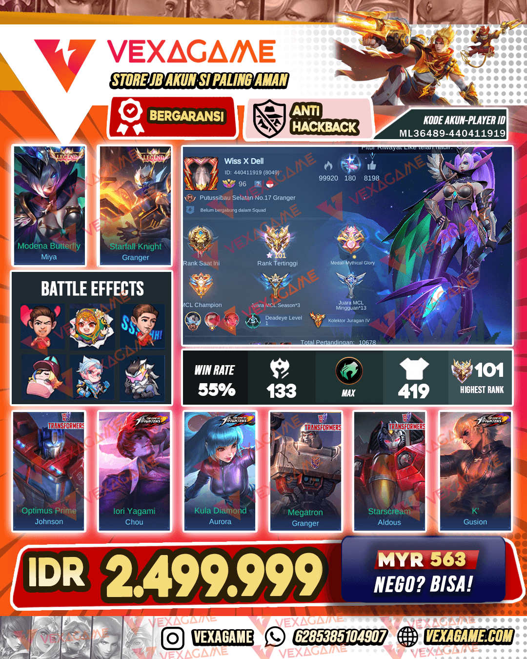 Miya Legend | Granger Legend | 5 kof | 4 Transformers | 14 Luckybox | 2 Colector | Emblem Hero Max | Ex imo