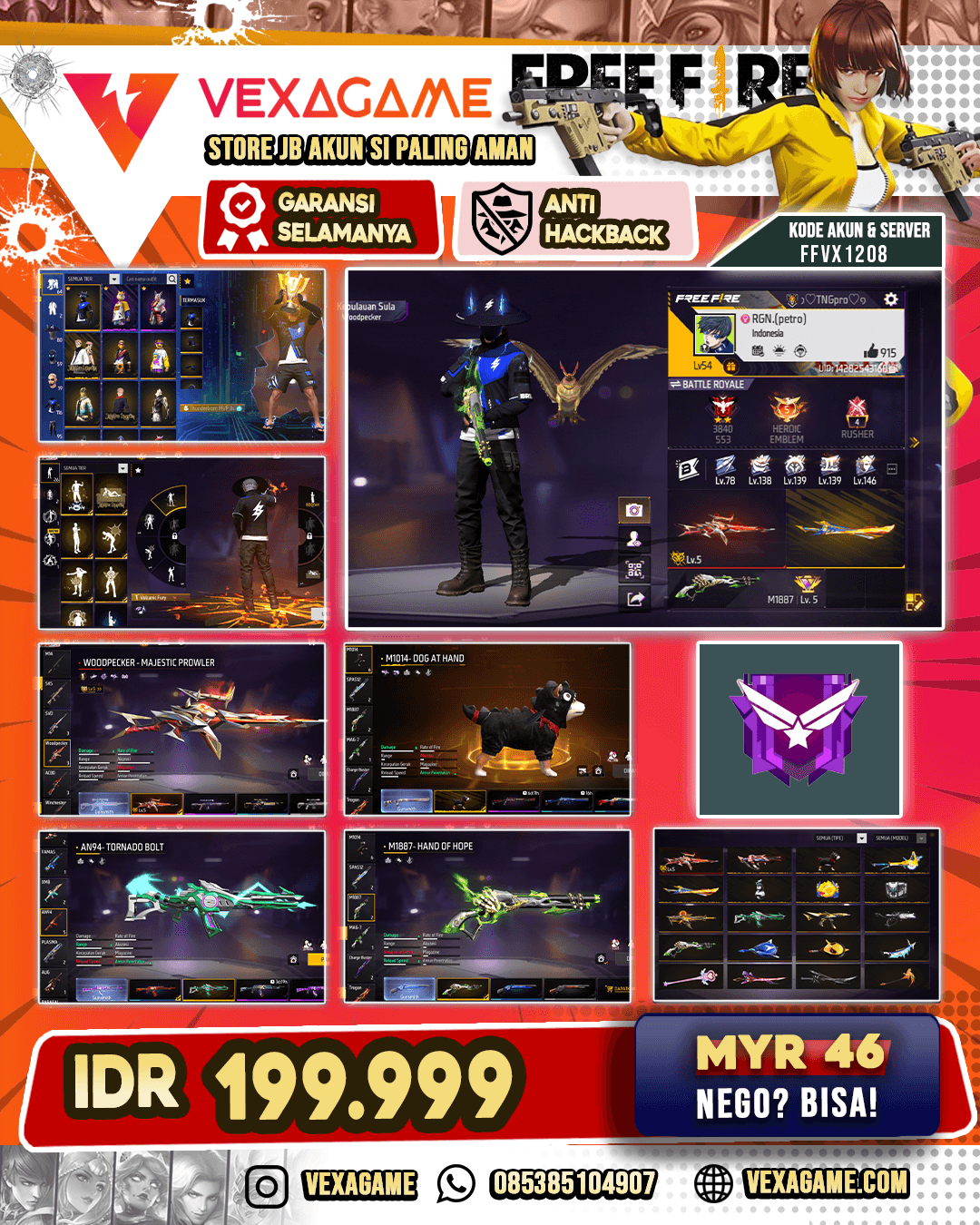 Thunderborn MVP Bundle | Emote Volcanic Fury | Backpack Tsukamoto | M4A1 Sunrise Realm | Woodpecker Majestic Power Lv 5 | SG Lumut | SG Panjang Dog at Hand