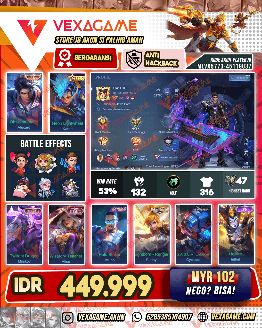 Alucard Legend | 2 Luckybox | Recal Tas Tas | Emblem MAX & Hero MAX