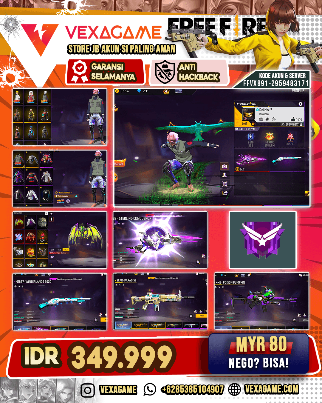 SG Sterling Conqueror Lv MAX | SG Winterlands | XM8 Poison Pumkin | SCAR Golden Strike | SCAR Paradise | Backpack Sayap | Vault 300+