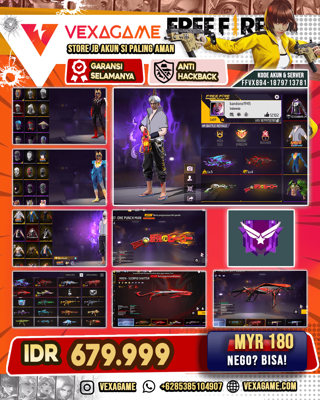 SG OPM | SG Scorpio Lv 3 | SG Green Flame Draco Lv 3 | MP40 Predatory Cobra Lv 4 | XM8 Destiny Guardian Lv 4 | AK47 Blue Flame Draco Lv 5 | Backpack Sayap | Celana Penjara| Vault OTW 500