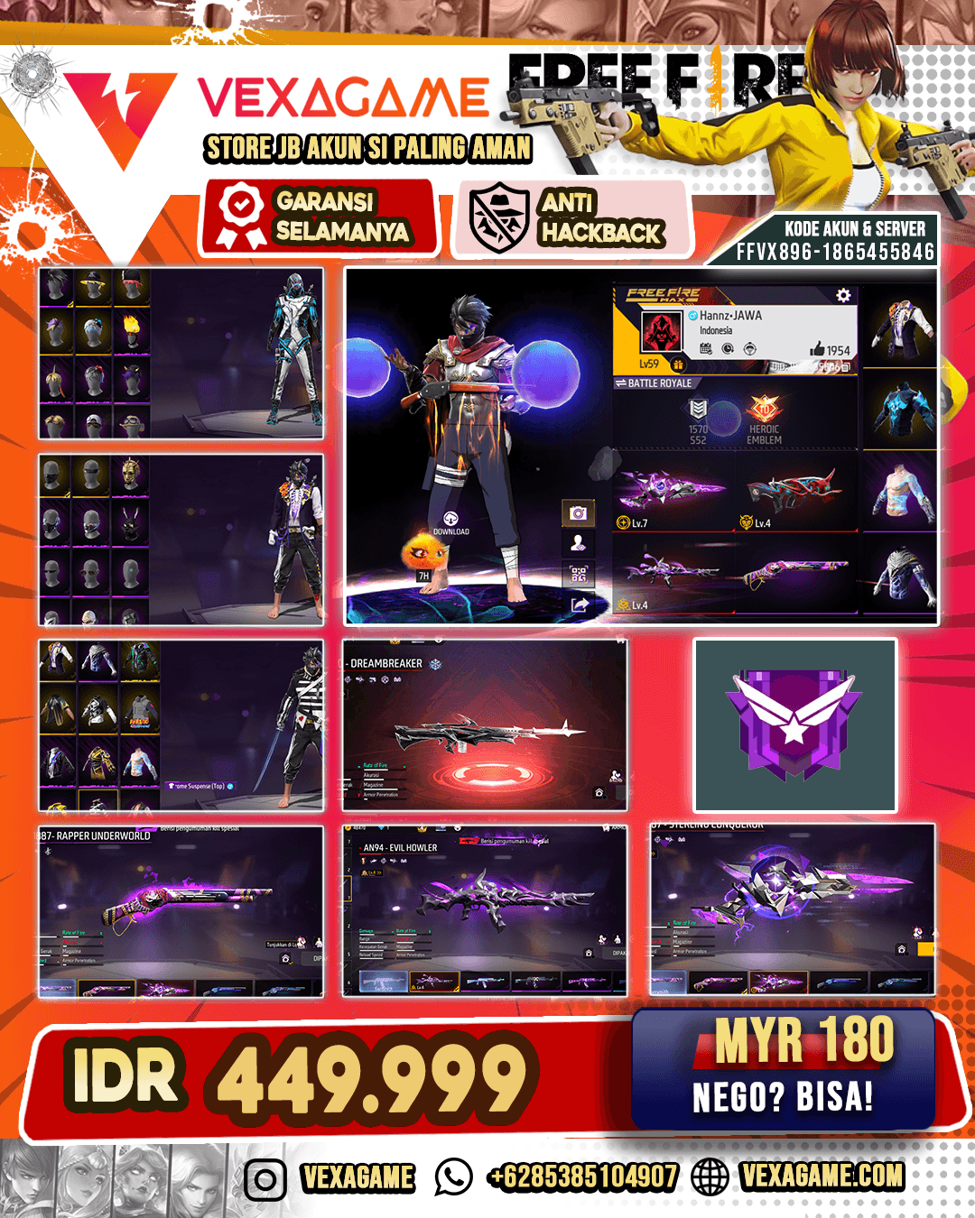 SG Rapper | Trogon Pyro Dino | SG Sterling Lv MAX | SG Reaper | M60 Dreambreaker Lv 1 | AN94 Evil Howler Lv 4 | Famas Demonic Grin lv 4 | Vault 200+