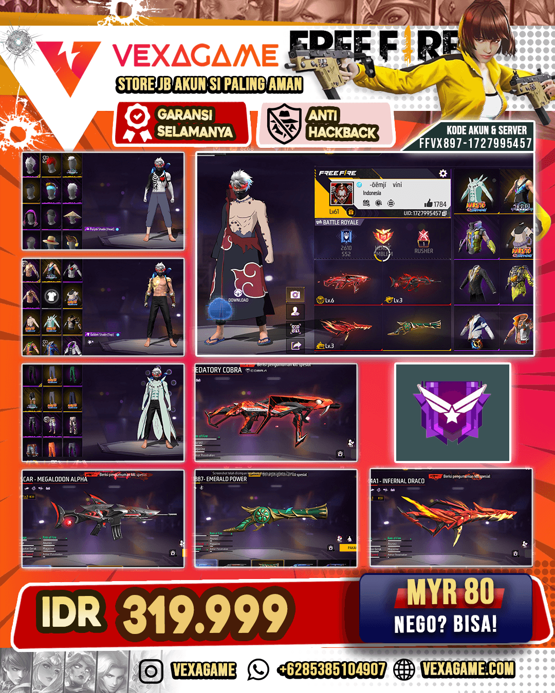 SG Terompet | SG Apocalytpic Dark | MP40 Predatory Cobra Lv 6 | AN94 Twilight Bolt | Groza Flames Enchanted | SCAR Megalodon Alpha Lv 3 | M4A1 Infernal Draco Lv 3 | Backpack Bunny | Vault 300+