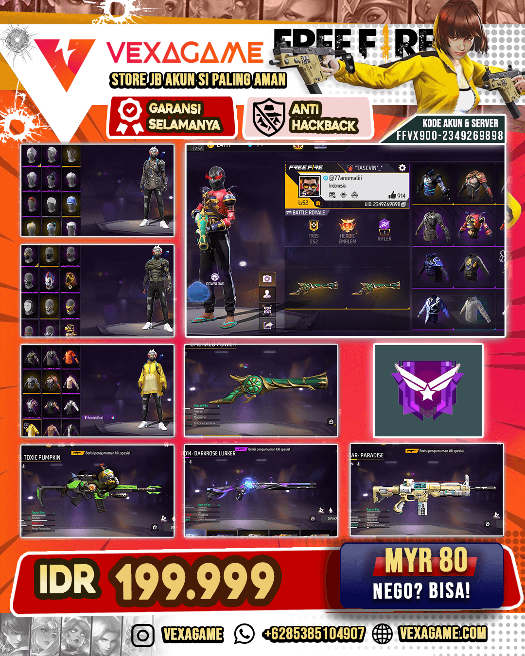 SG Terompet | SG Darkrose Lurker | MP40 2 Rasa | XM8 Toxic Pumpkin | SCAR Paradise | Backpack Bunny | Vault 100+ | Baju Raindoll