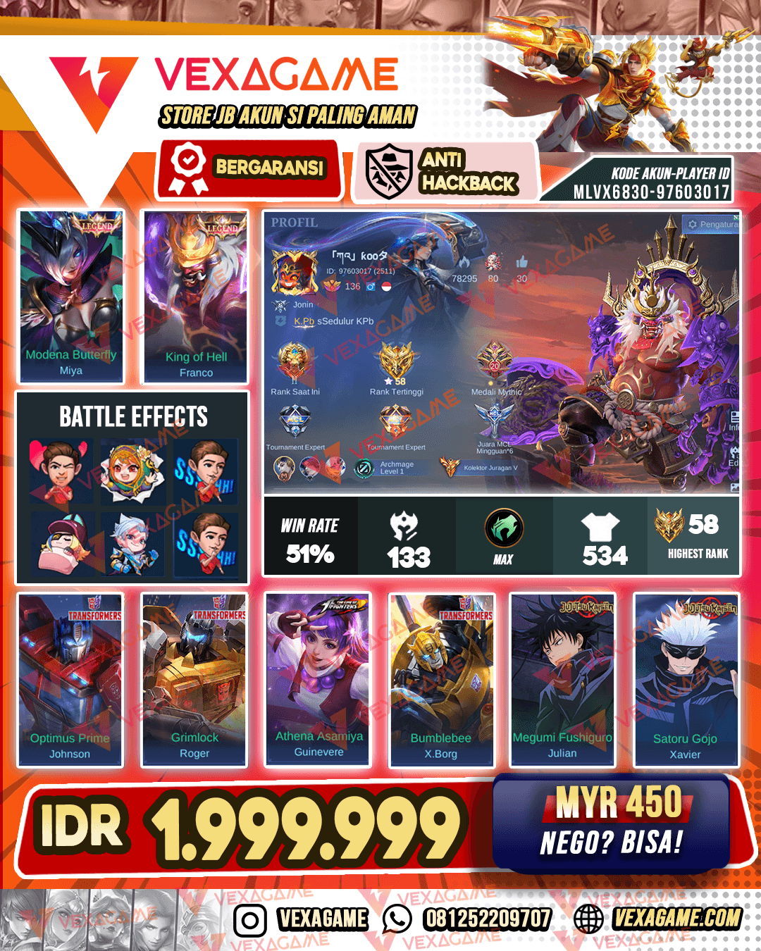 Franco Legend X Miya Legend | 2 JJK | 3 Transformers | 2 KOF | Thamuz Kungfu Panda | 5 Luckybox | Emblem MAX & Hero MAX