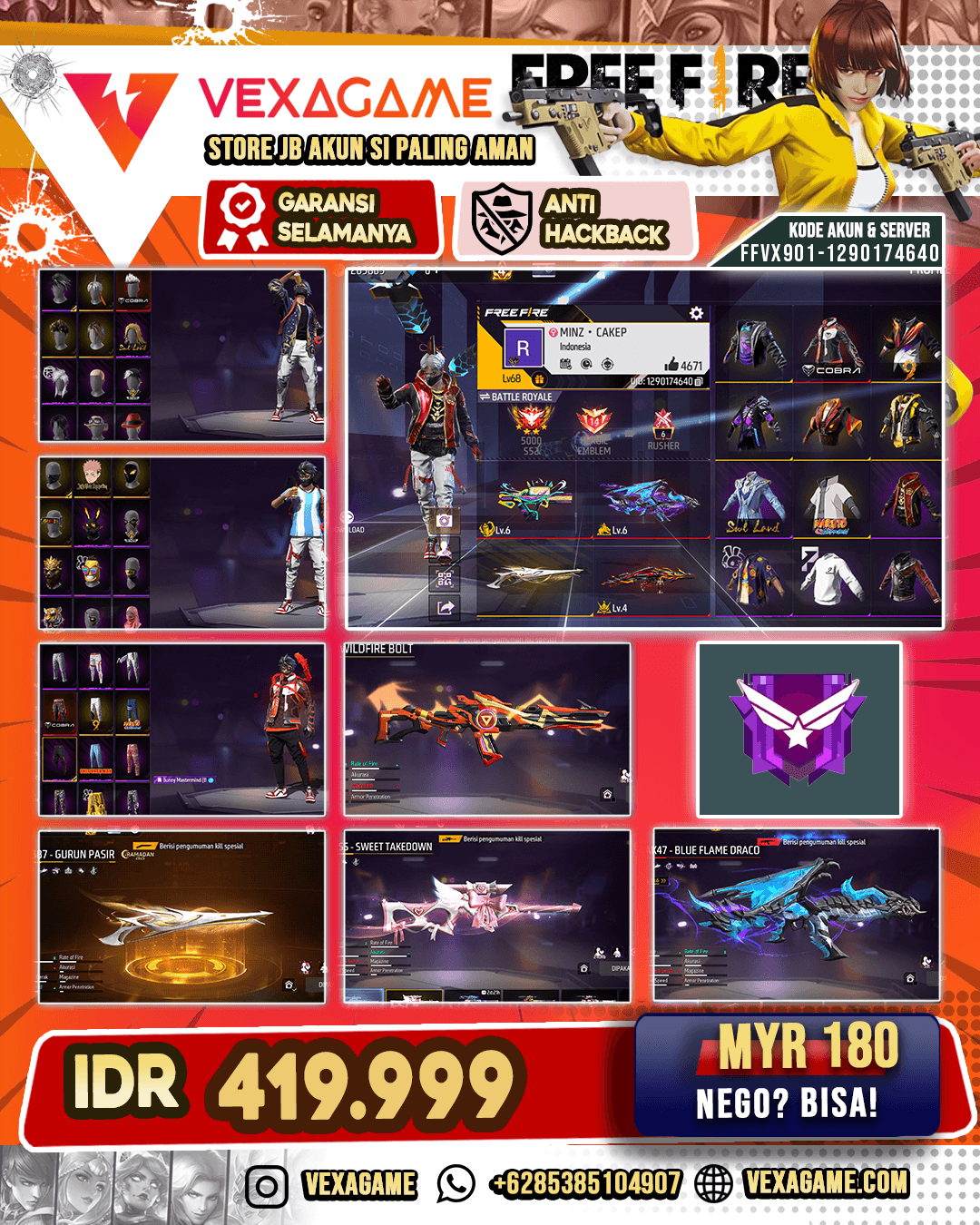 SG Gurun | VSS Swseet Takedown | AN94 Wildfire Bolt | Groza Bang Popblaster Lv 6 | SCAR Ultimate Titan | AK47 Blue Flame Draco Lv 6 | Backpack Bunny | Celana Angel | Celana Bunny Mastermind | Vault 300+