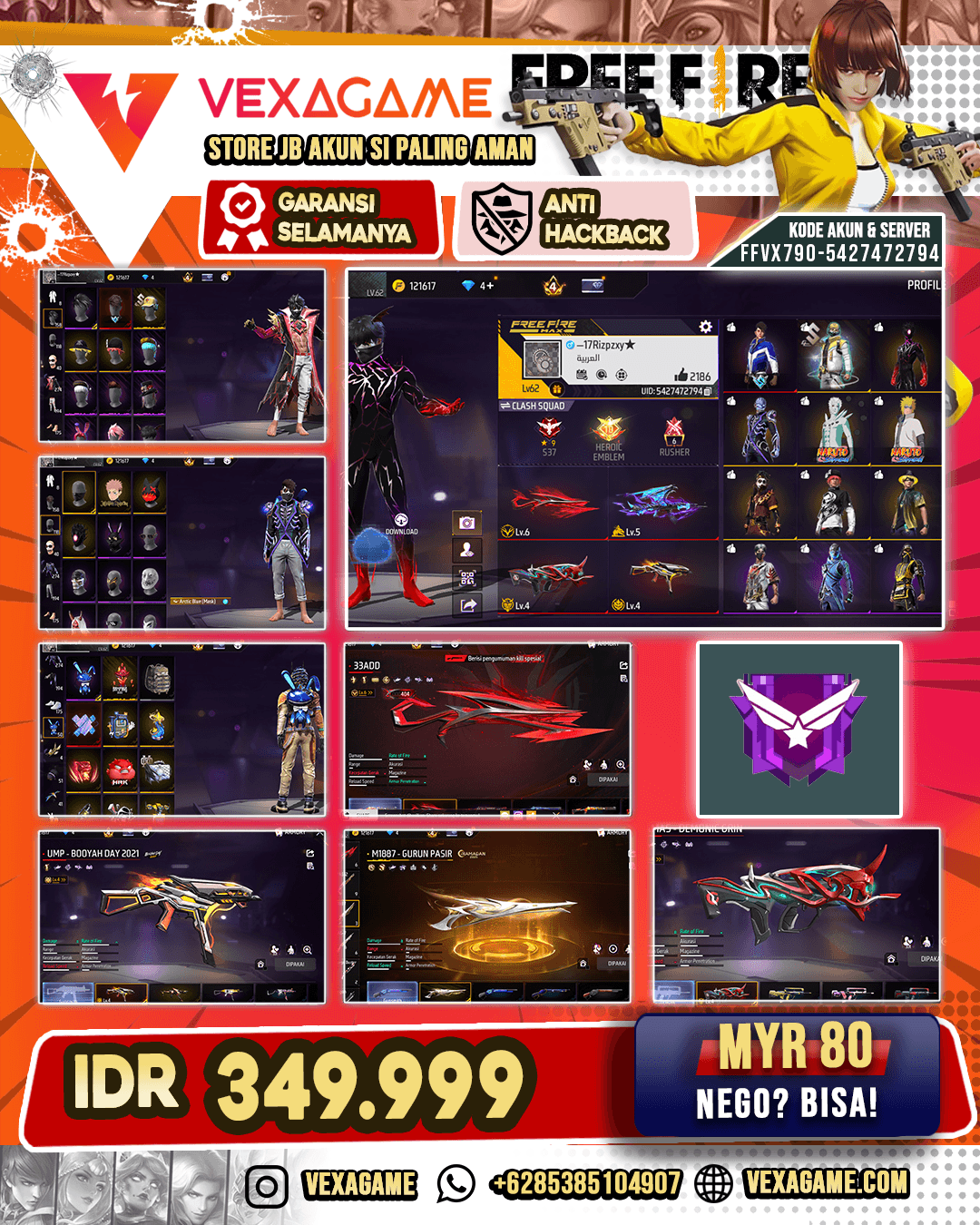 SG Gurun | SG Scorpio Shatter Lv 6 | UMP Booyah Day Lv 4 | AN94 Tsunami Bolt | FAMAS Demonic Grin Lv 4 | AK47 Blue Flame Draco Lv 5 | Backpack Bunny | Celana Gin Tama | Vault 250+