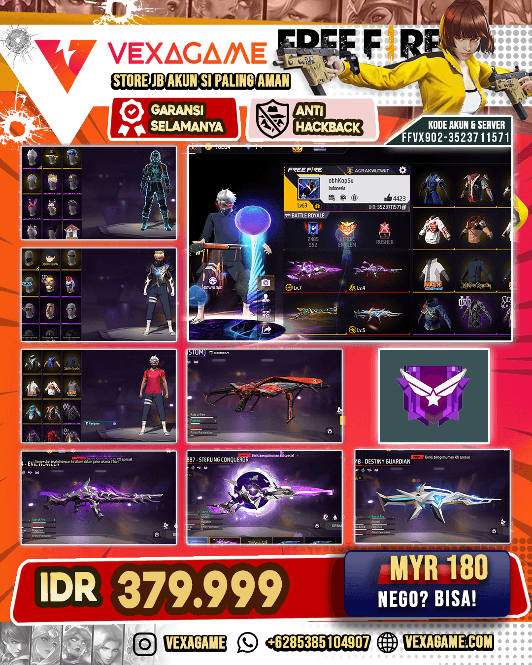 SG Sterling Conqueror Lv MAX | SG Terompet | MP40 Predatory Cobra Lv 3 | Parafal Electron Undying | AN94 Evil Howler Lv 4 | XM98 Destiny Guardian Lv 5 | AK47 Unicorn's Rage | Backpack Bunny Mad | Backpack Nailong | Cat Pants | Vault 400+