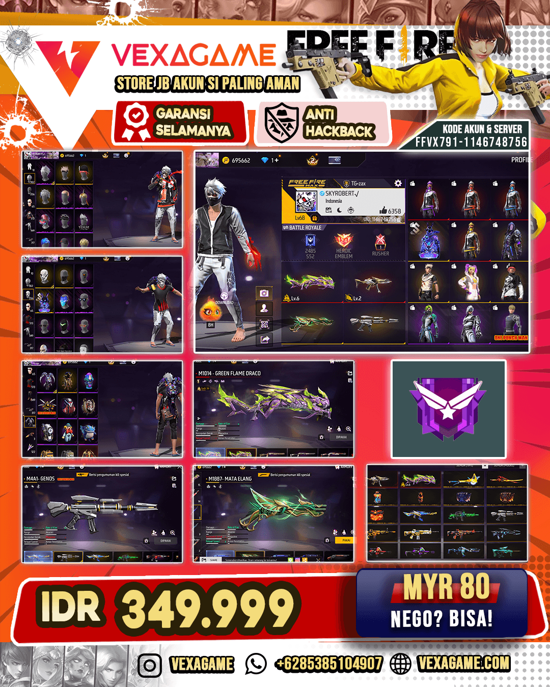 SG Mata Elang | SG Panjang Green Flame Draco Lv 6 | MP40 Flashing Spade | XM8 Fiery Pumpkin | SCAR iInferno | M4A1 Genos | Backpack OPM | Bundle Galactic | Celana Angel | Vault 500+
