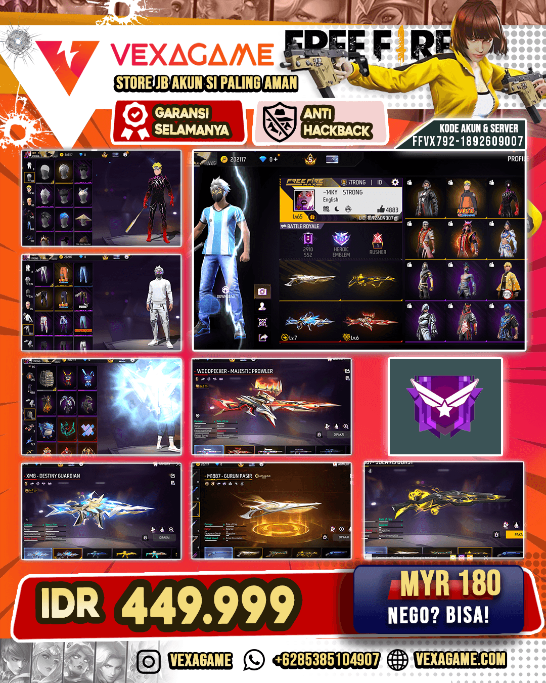 SG Solaris Burst | SG Gurun | MP40 2 Rasa | Woodpecker Majestic Power Lv 6 | Parafal FIrespark Undying | XM8 Destiny Guardian Lv MAX | Groza Flames Enchanted | AK47 Unicorn's Rage | Celana Angel | Vault 500+