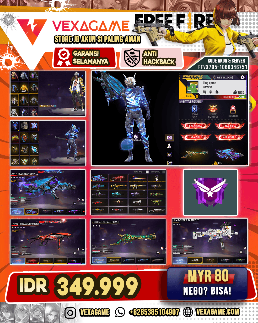 SG Terompet | MP40 Predatory Cobra Lv 4 | UMP Zebra Papercut | AK47 Blue Flame Draco LV MAX | Backpack Bunny | Vault 350+