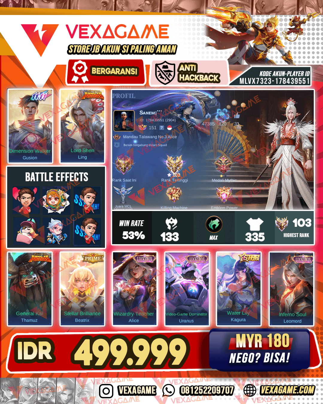 Ling Kungfu Panda | Gusion 11.11 | Emblem MAX + Hero MAX | Recall Snowman | Beatrix Prime | Kagura annualstar | 5 Luckybox | EX Immortal
