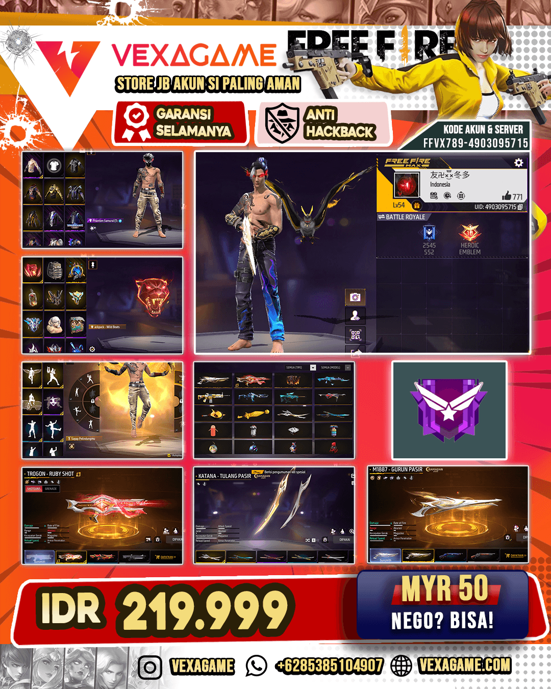 Phantom Samurai Top | Trogon Ruby Shot | Katana Tulang Pasir | AK47 Unicorn's Rage | SG Gurun | Backpack Wild Beats | SG Gurun | Vault 100+