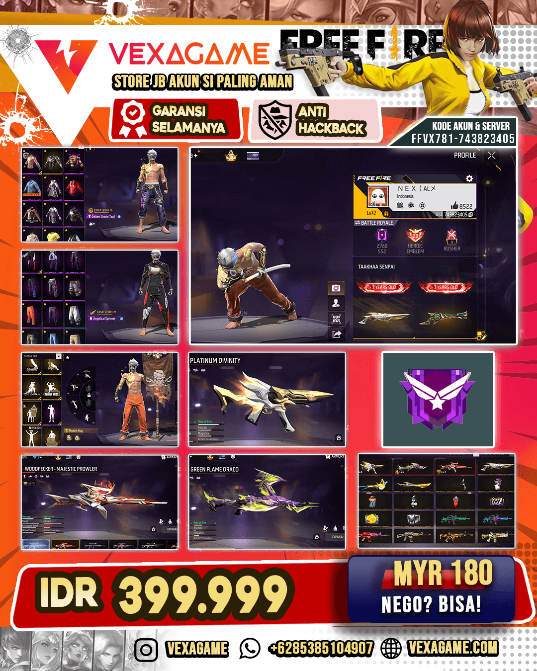 Celana Penjara | Celana Angel | SG Gurun | SG Terompet | UMP Platinum Divinity 5 | Woodpecker Majestic Power Lv 3 | SG Panjang Green Flame Draco Lv 5 |