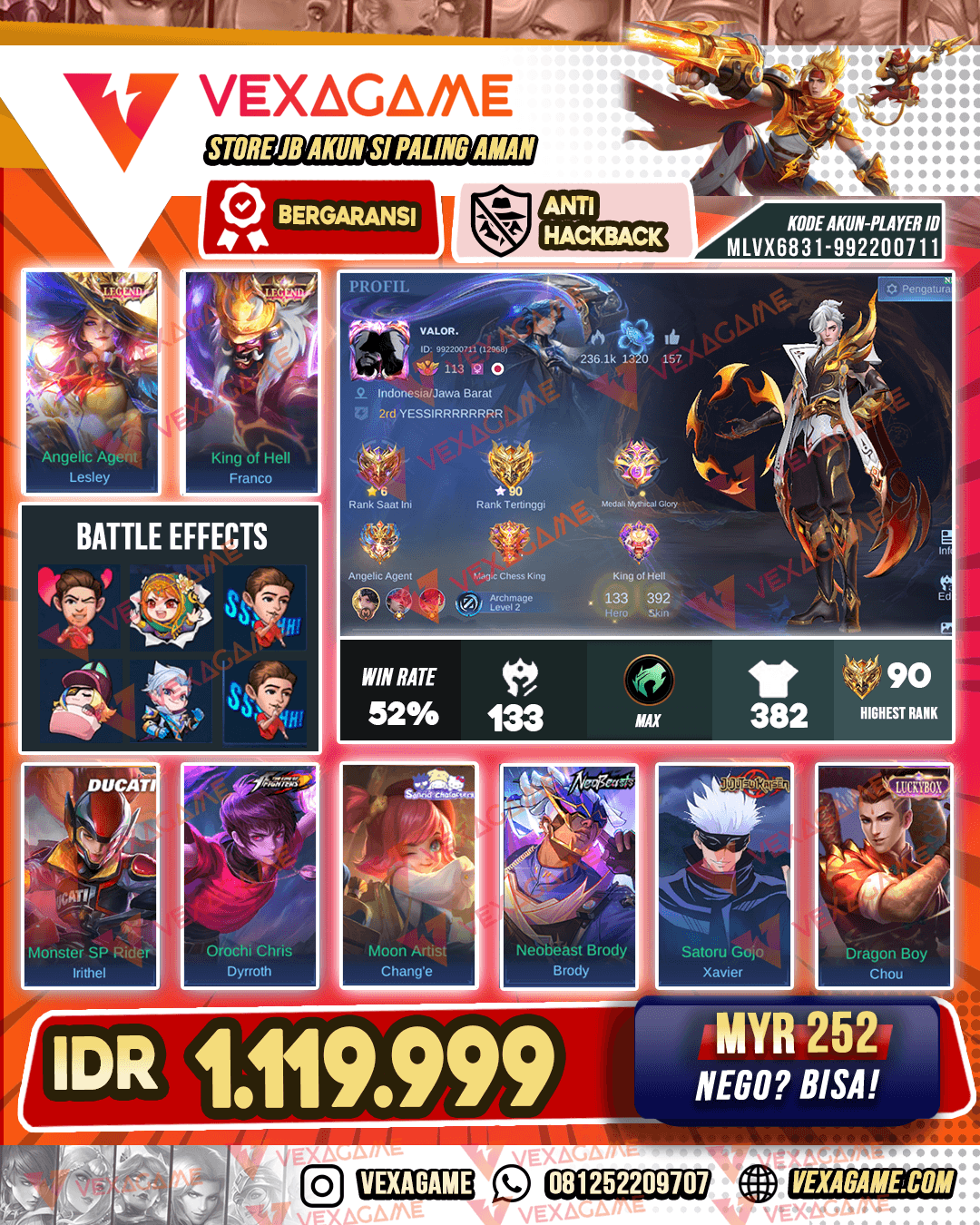 2 Legend | Aamoun Soul Vessels | Irithel Ducati | 2 Sanrio | Dyrroth KOF | Brody Neo Beast | Xavier JJK | 5 Luckybox | Khufra Collector | Emblem MAX & Hero MAX