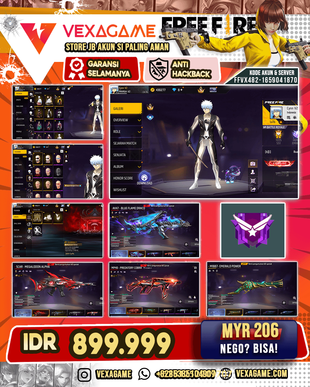 Bundle Gin Tama | Bundle JJK | Topeng Joker | Emote JJK | Backpack Sayap | AK47 Blue Flame Draco Lv MAX | Scar Megalodon Alpha Lv MAX | MP40 Predatory Cobra Lv MAX | SG Terompet