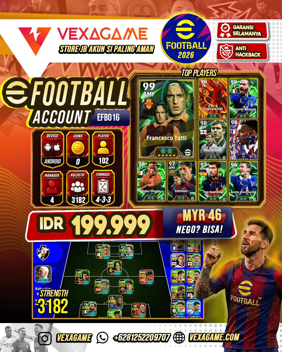 POWER 3182 | Pack Prancis | Van Djik (BigTime) | Lionel Messi (ShowTime) | Elber (ShowTime) | Manuel Akanji (ShowTime) | Lamine Yamal (ShowTime) | Drogba (Epic) | Bonucci (Epic) | Totti (Epic) | Pep Guardiola (Epic)
