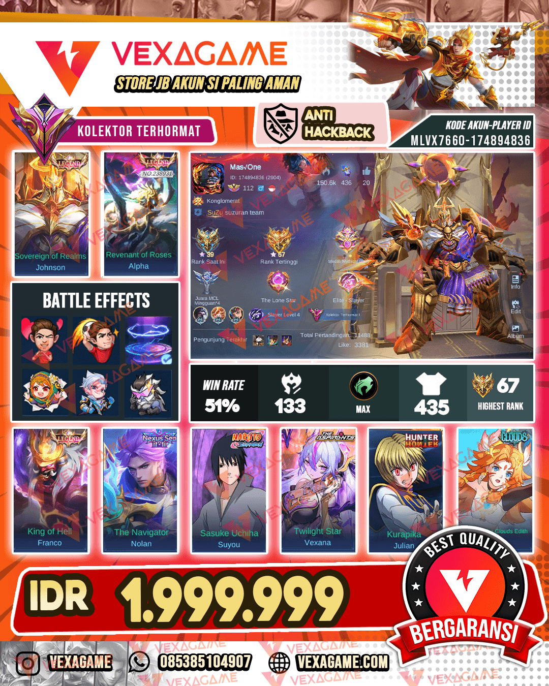 3 Skin Legend | Recal TAS TAS TLPH ON | Chou Saint Seiya | Vexana Ashpirant | Gusion Kof | Claude Prime | Granger Prime | X borg Metrozero | Brody Neobeast | Yin Eren | Julian Kurapika | Nolan Nexus Sea | Suyou Sasuke