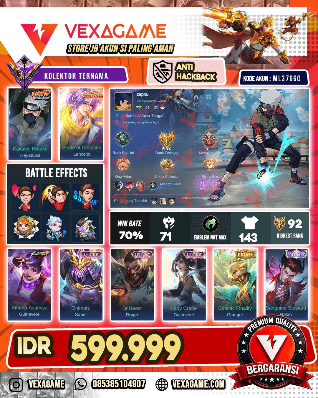 Hayabusa Kakashi | Lancelot Valentine | Guinevere KOF | 3 Luckybox
