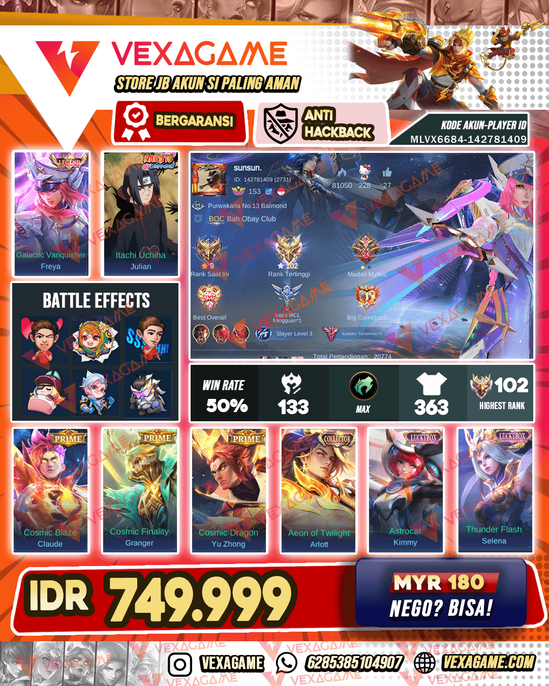 Freya Legend | Julian Itachi | Arlot Collectoer | Selena STUN | 3 Prime | 6 Luckybox | Recal TLPH | Emblem & Hero MAX