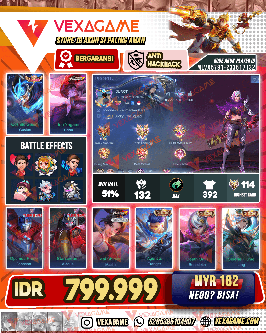 Gusion Legend | Chou KOF | 5 Collector | 3 Transformers | Masha KOF | 4 Luckybox | Hero MAX & Emblem MAX | Ex Immortal