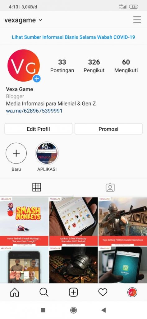 Contoh shortlink whatsapp di aplikasi Instagram