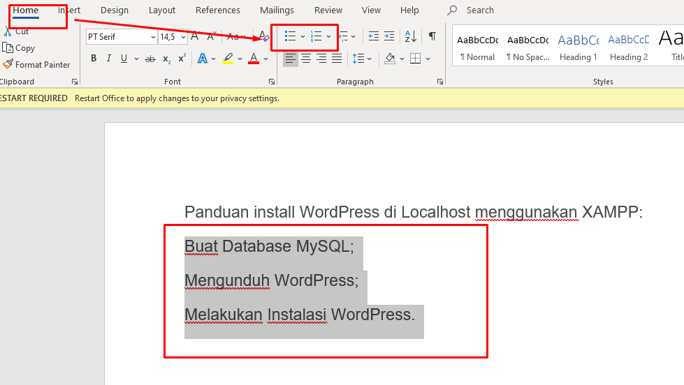 Cara Menggunakan Bullet dan Numbering