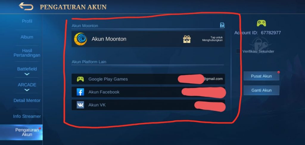 Linking Moonton accounts, Google Play, Facebook and VK accounts